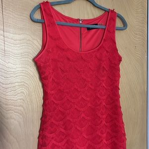 GUESS Fun dress above knee! Slight fringe design. Looks stunning on. Scoop neck